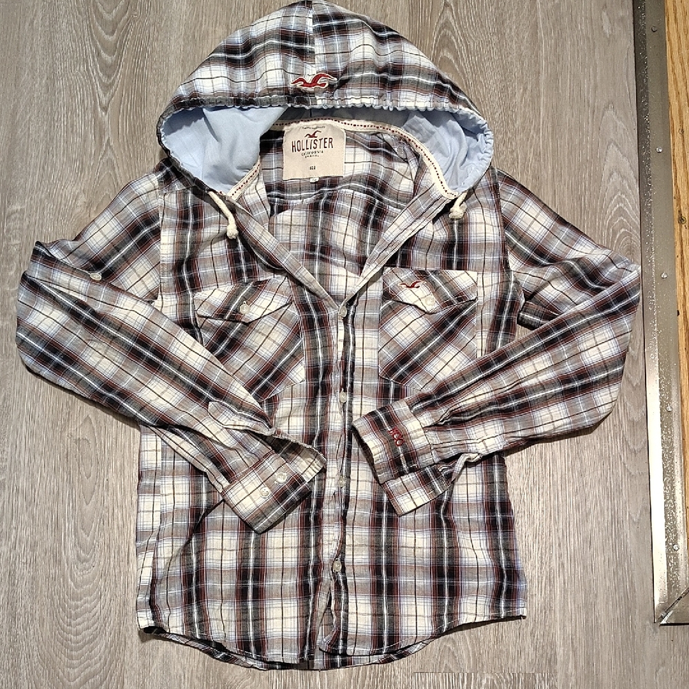 Hollister Kids Checkered Hoodie - Blue and Brown